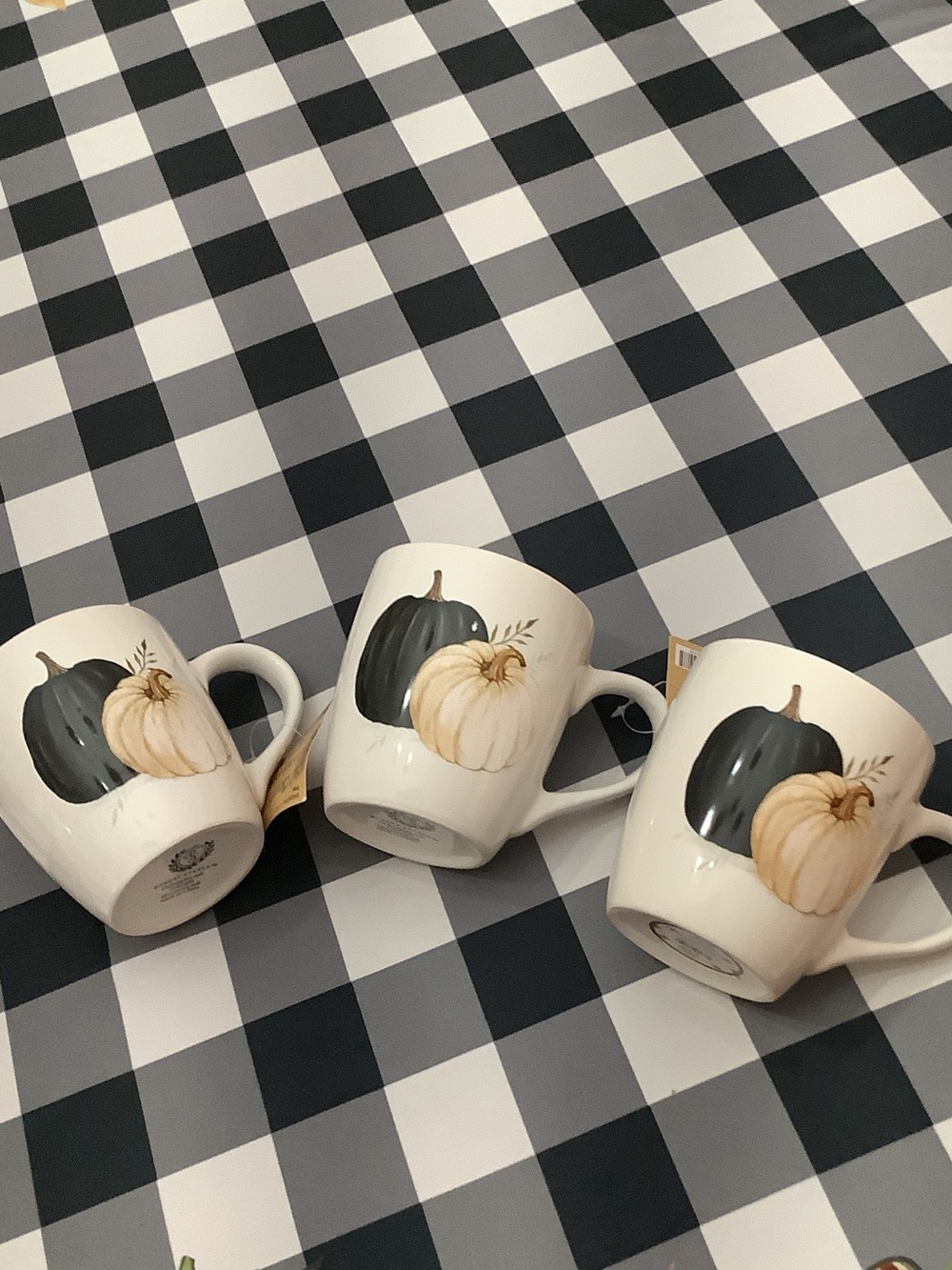 Cream Ceramic Mugs with Black & White Pumpkin Design - Set of 3 17oz